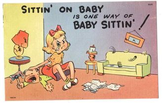 Undated Unused Postcard Comic Sitting on Baby is one way of baby Sitting